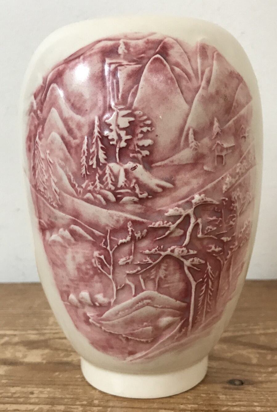 Vtg Handpainted Woodland Mountain Woods Scene Ceramic Flower Vase 6" Tall